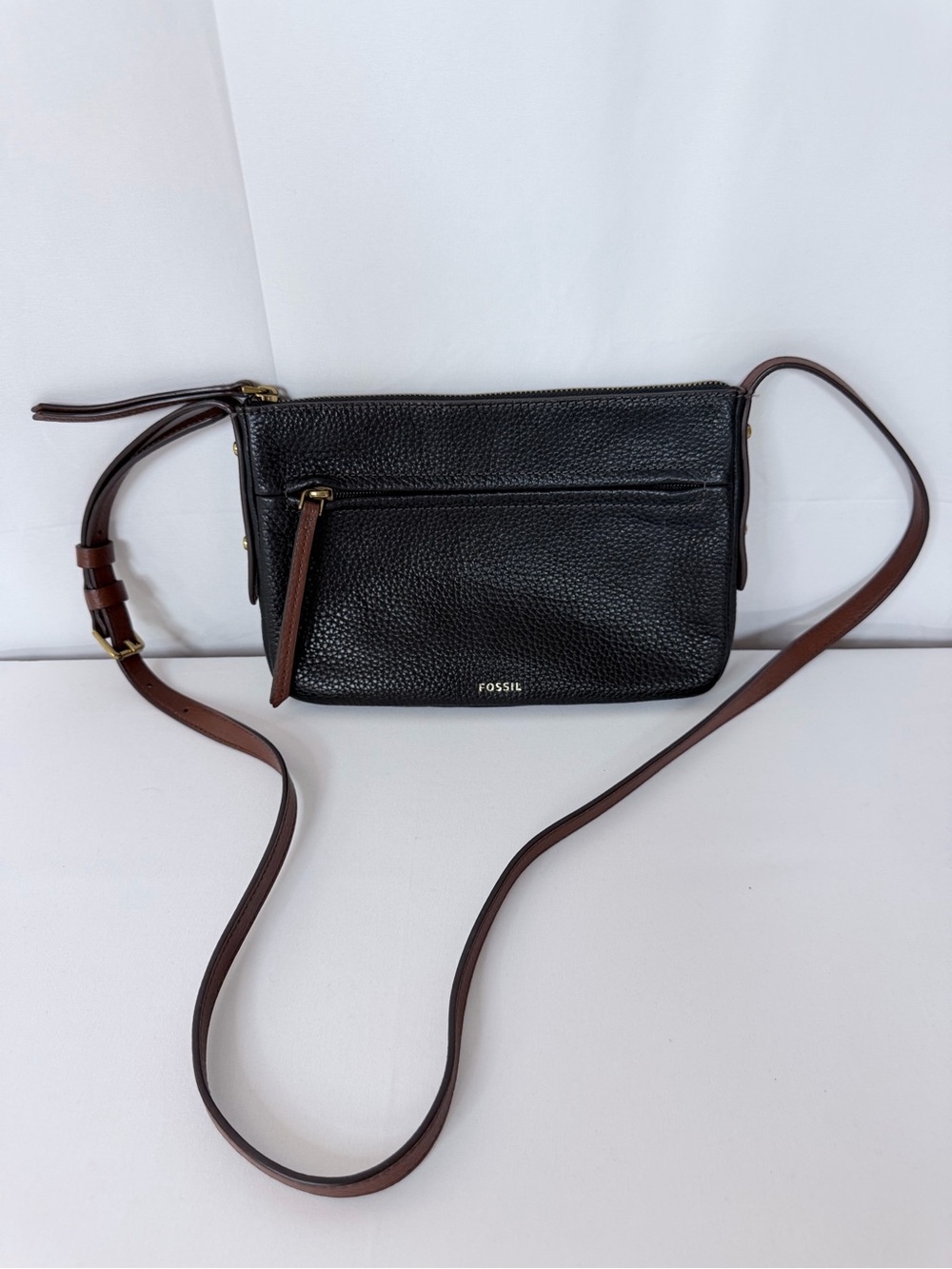 Fossil Gemma Pebbled Leather Two Tone Black Brown Crossbody Purse Bag